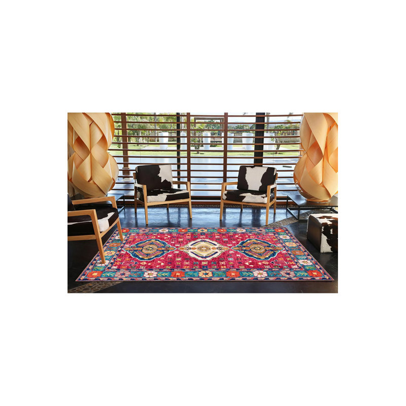Dark Pink Blue Themed Traditional Patterned Vintage Decorative Rug Machine Washable, Rectangle 3'3" x 4'11" Rug Pad Included