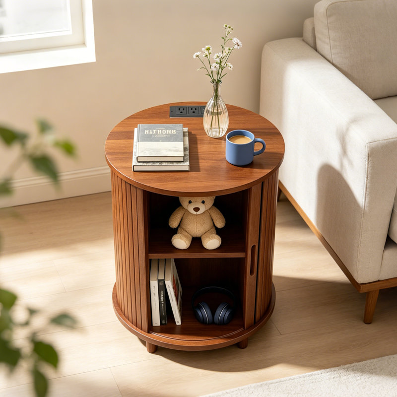 Table de bout cannelée ronde de 23,6 po avec station de charge et rangement pour porte coulissante, Walnut, 1
