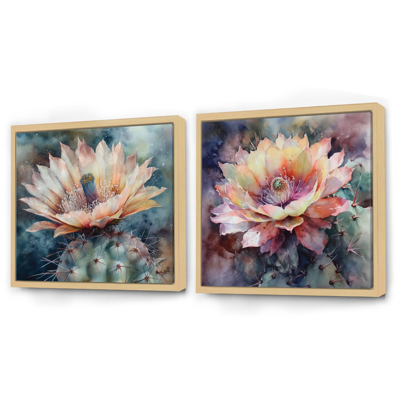 Cactus rose, vert, beauté, cactus floral, ensemble de 2 carrés, Cadre flottant brun, H 16 po x l 33 po