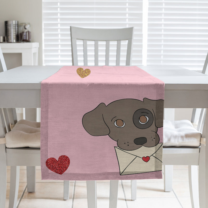 Chemin de table à la fête des chiens saint-valentin hol, L 90 po x l 16 po, Rose / brun / rouge, Mélange de coton
