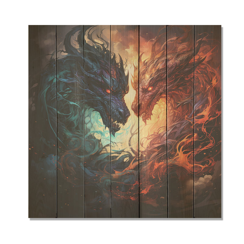 Fire Breathing Dragons Lair III - Dragons On Wood Print, 25" H x 25" W