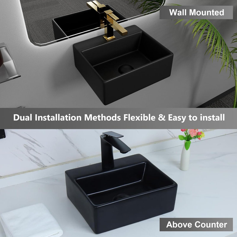 Davivy 13.2"x11.4" Wall Mounted Matte Black Ceramic Vessel Sink With Pop Up Drain & Installation Kit