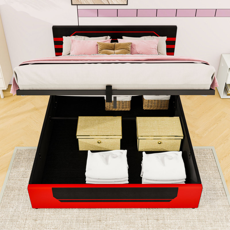 Base de lit plateforme avec espace de rangement sous le lit, Noir / Rouge