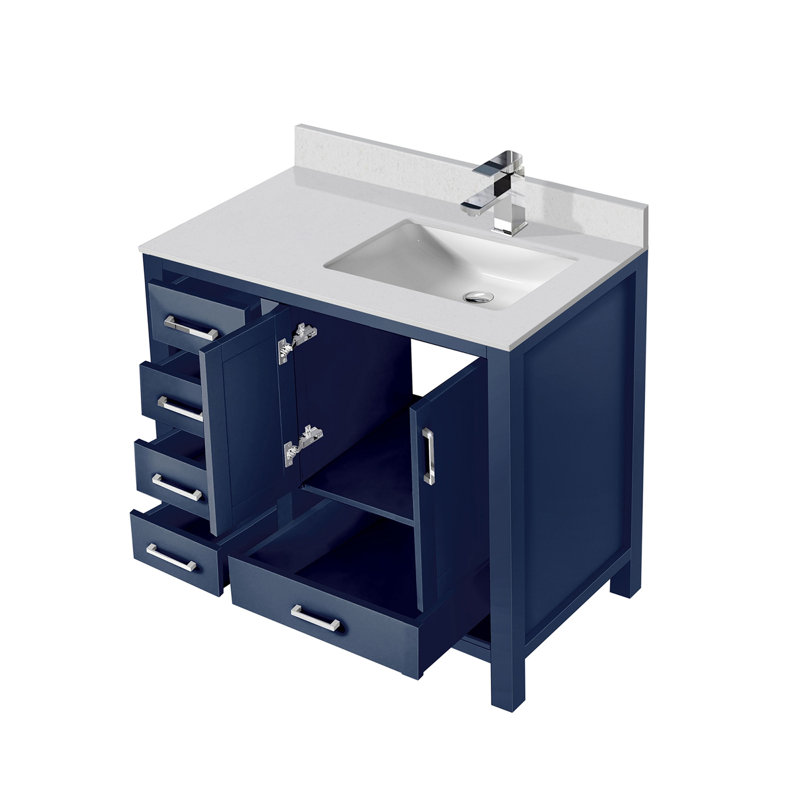 Bath Vanity with Right Offset White Quartz Top and Faucet Set, Navy Blue