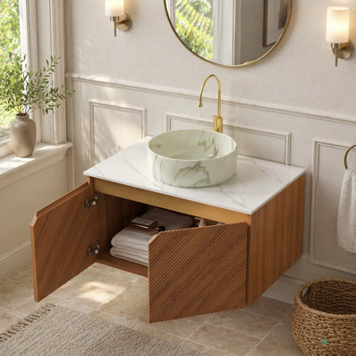 Ruben 30" Bathroom Vanity & Sink, Floating Plywood Storage Cabinet, Twill Double Doors With Metal Trim, Matte Stone Pattern  Round Ceramic Basin & Sintered Stone Top
