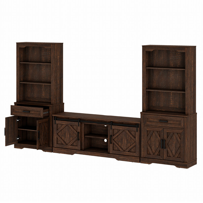 Farmhouse Mid-Century Modern TV Stand, Entertainment Center For 75" TV, 73"H 5-Tier Tall Bookcase, Open Storage & Barn Doors For Living Room, Bedroom, Brown