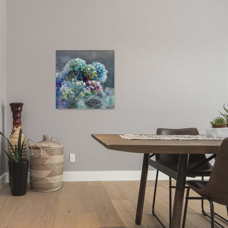Art contemporain contemporain d'hortensia abstrait avec fleurs bleues, H 24 po x l 24 po