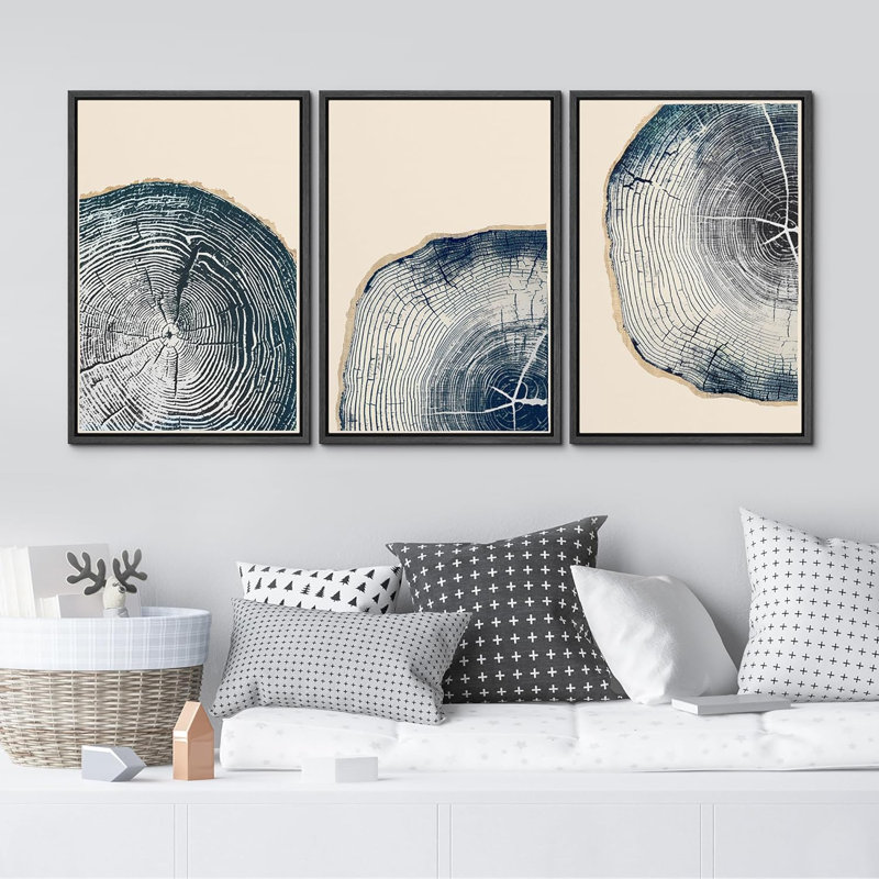 Navy Blue Wood Tree Ring Framed On Canvas 3 Pieces Print, 36" H x 24" W x 1.5" D, Black