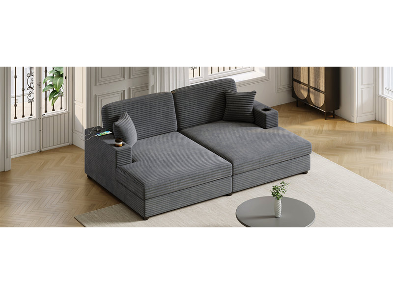 86.5" Oversized Loveseat Chaise Lounge Sectional Sofa Bed Corduroy Sleeper Sofa With Two Usb Ports , Two Cup Holders And Two Throw Pillows For Living Room And Bedroom