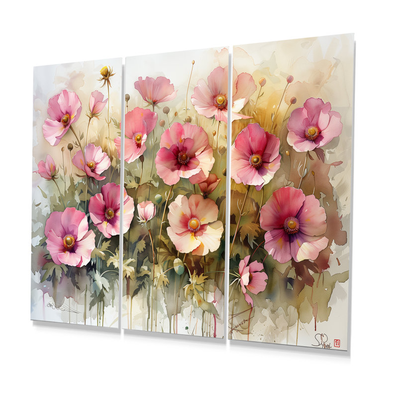 Ensemble de reproductions d'art sur feuilles roses, roses et vertes, Métal métal, H 28 po x l 36 po x P 1 po