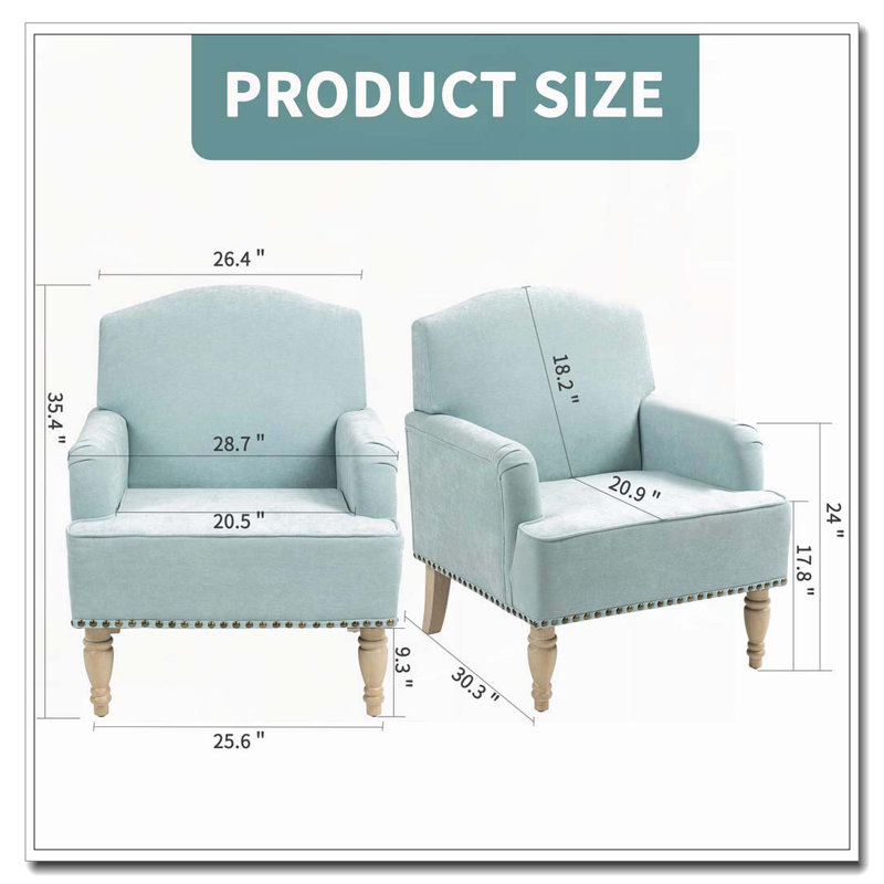 Chenille Fabric Accent Chair Nailhead Trim Armchair with Wooden Legs, Sage
