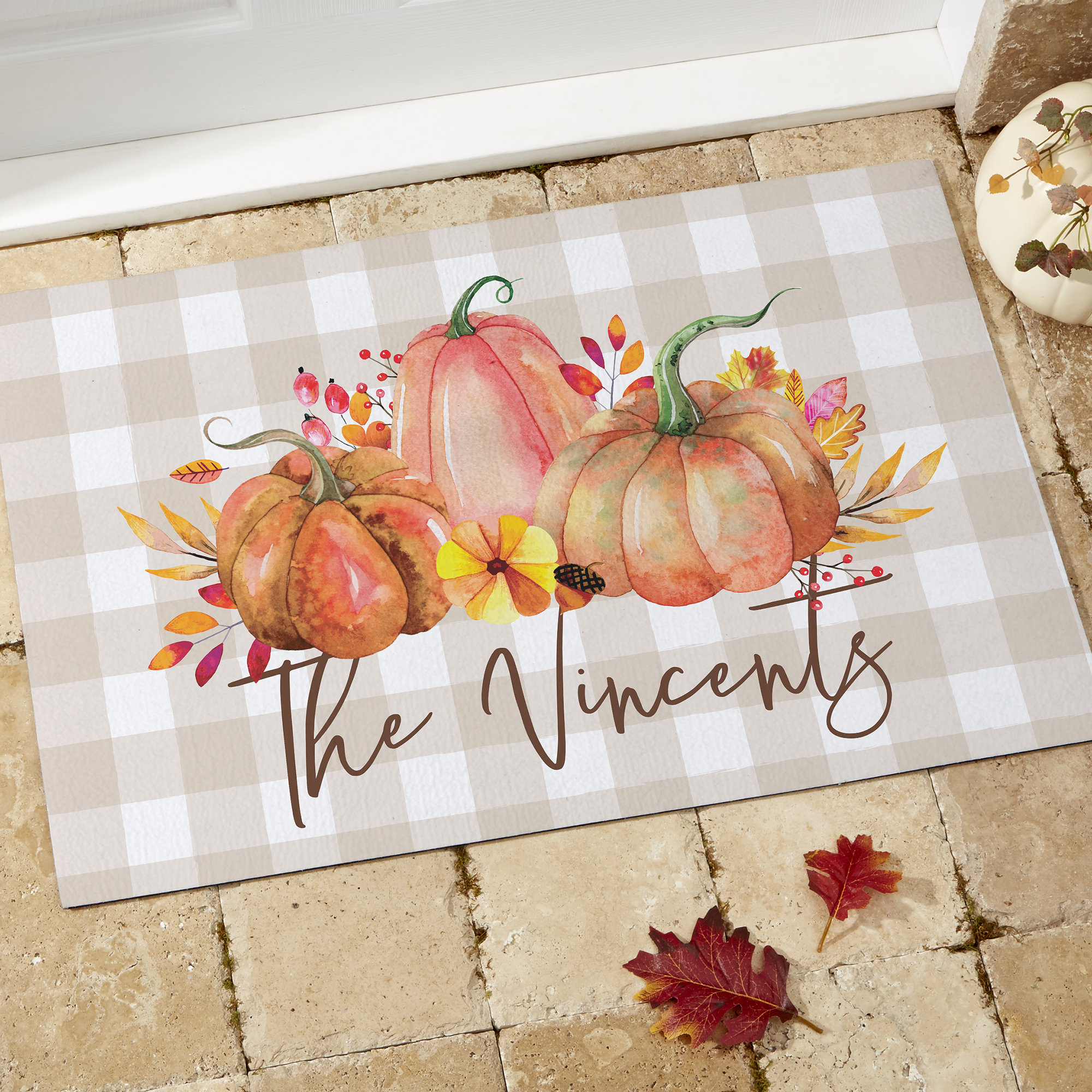 Watercolor Pumpkin Decorative Door Mat, Family Seasonal Autumn