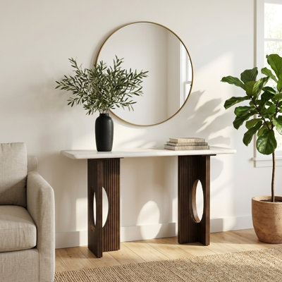 Fluted Rectangular Mango Wood And Marble Console Table For Home Accent - Modern Narrow Sofa Table For Foyer And Hallway - 52", White & Brown