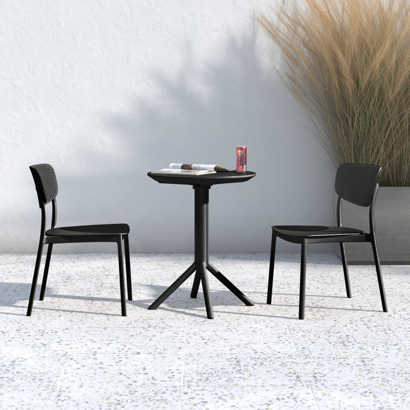 Farrah 23.6" W Round 2-Person Plastic Patio Bistro Set with Foldable Table, Black