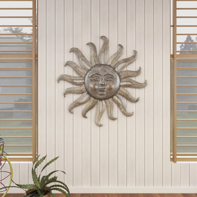 Metal Indoor Outdoor Face Sun Gray Wall Decor with Ribbed Detailing