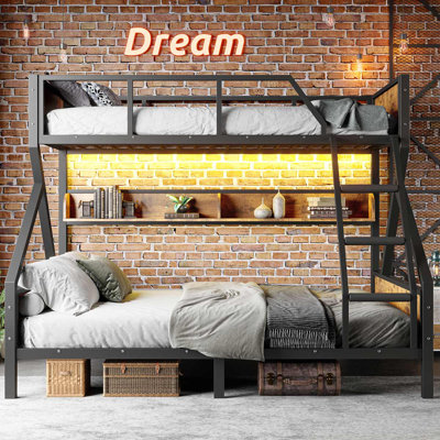 Lit superposé en métal avec éclairage à DEL intégré et tablettes de rangement sécuritaires pour les enfants et les adultes