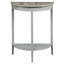 Console demi-lune grise pour l'aménagement et le rangement d'une entrée, avec étagère inférieure décorative