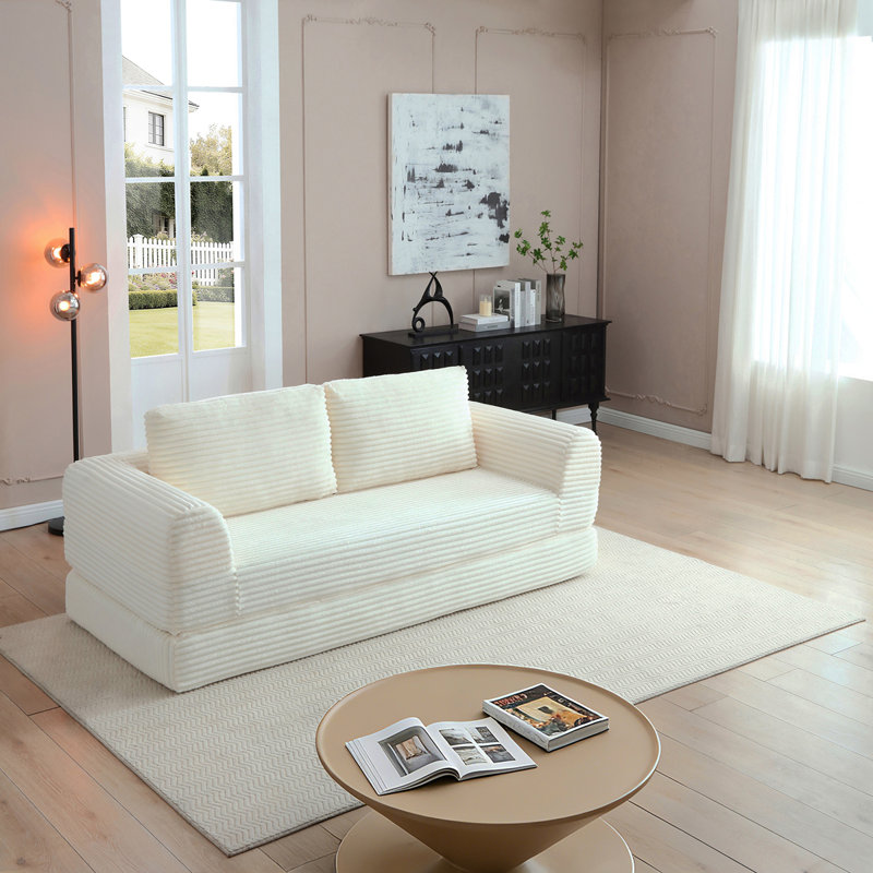 Canapé-lit convertible 2-en-1 pliant, canapé-lit en velours côtelé moderne avec 2 * coussins, canapé-lit modulaire sans dossier avec lit escamotable Futon et canapé-lit pliant pour le salon beige