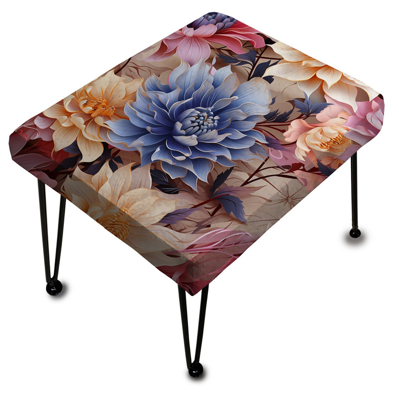 Blue And Beige Metallic - Floral Rectangle Ottoman