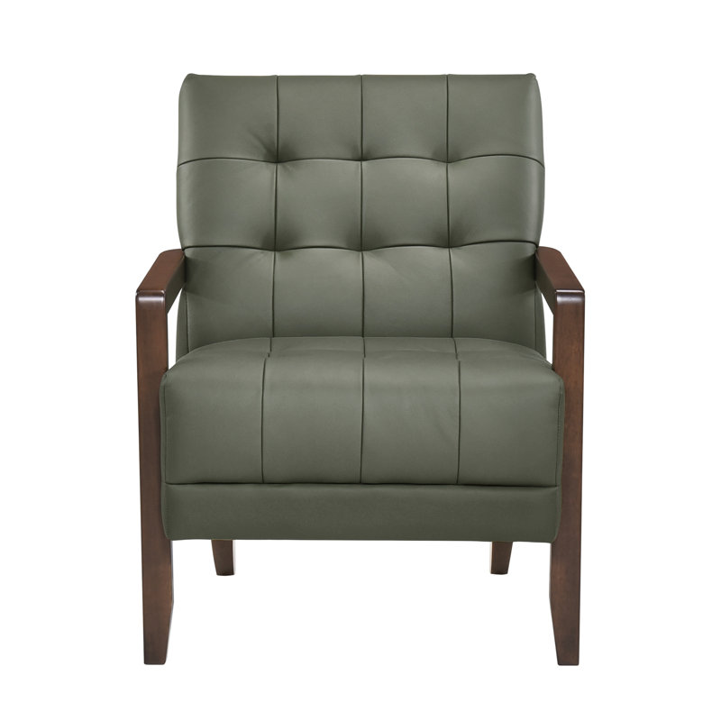 Fauteuil d'appoint en cuir avec base en bois de noyer, accoudoirs et dossier de style moderne, Green