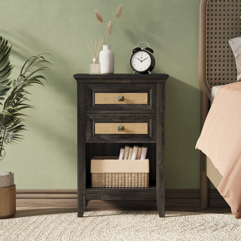 Azarius 27'' Rattan Nightstand With 2 Drawers, Dark Gray, Individual
