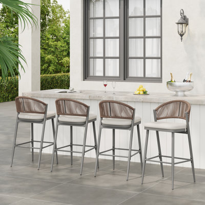 Jalen Outdoor 30.25" Seat Height Metal Frame Barstools With PE Rattan by Bayou Breeze
