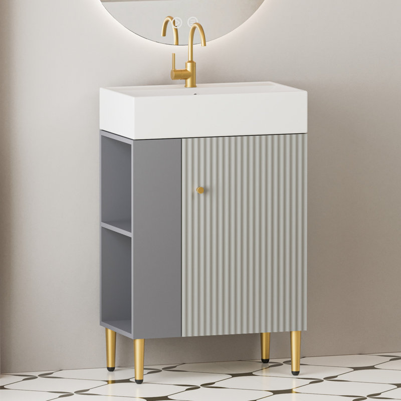 Meuble-lavabo à tablettes ouvertes 21,6 po avec lavabo en céramique, Gris mat