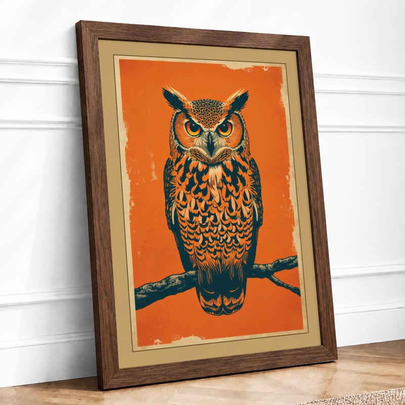 Centered Owl Mid-Century - Framed Print, Walnut, A1 - 84.1 x 59.4 cm