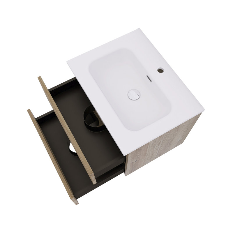 Meuble-lavabo mural 24 po en chêne brut et chêne brut avec lavabo en céramique