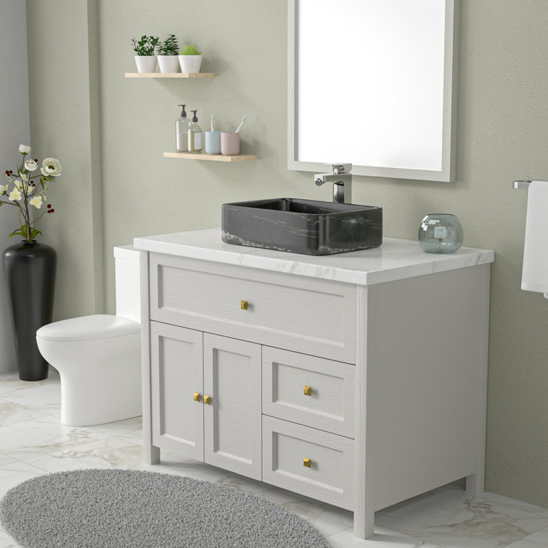 Black and Gray Marble Ceramic Rectangular Vessel Sink