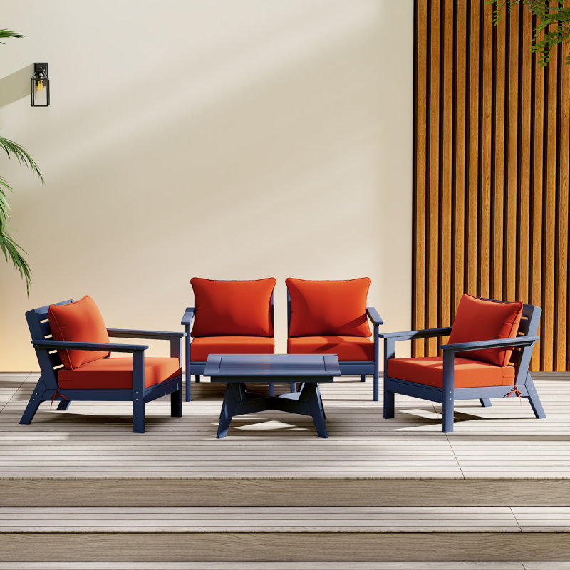 Ensemble de conversation à assise profonde 5 pièces, Marine, Orange