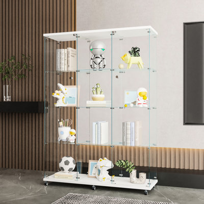 Énorme vitrine en verre à 4 tablettes, pour un usage domestique - noir / blanc, espace de rangement généreux, verre trempé fin, bois massif, très grande armoire à assembler facilement à 4 tablettes, grand salon pour chambre à coucher