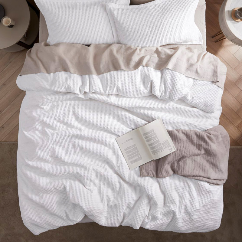 Essential Collection 100% Cotton Waffle Weave Duvet Cover Set, Bright White, King Duvet Cover + 2 King Shams