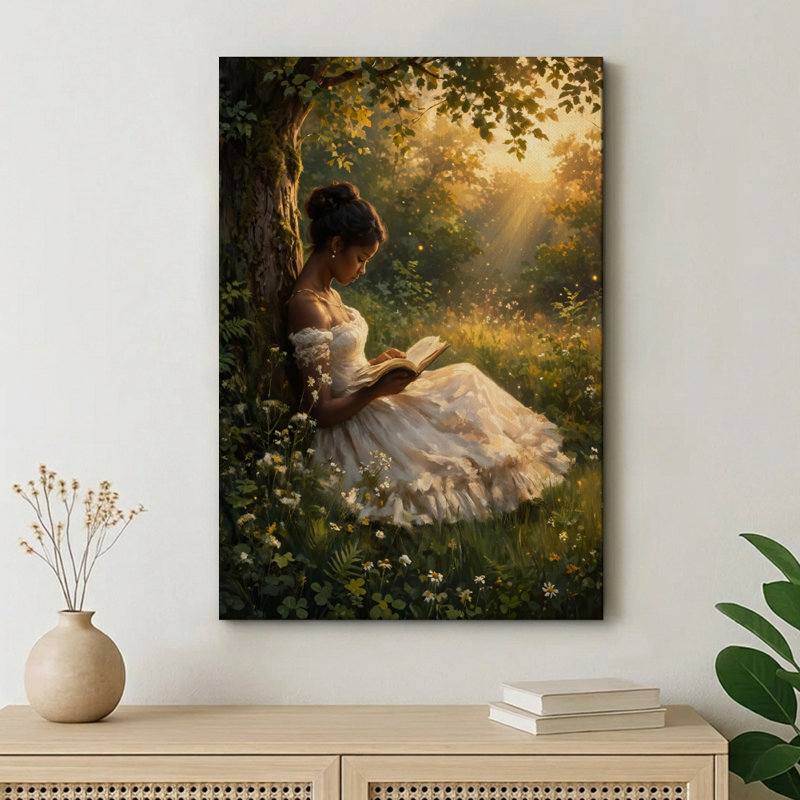 " Green Woman Reading Forest - People Canvas Print Wall Art ", 20"W x 30" x 1"D, Wrapped Canvas