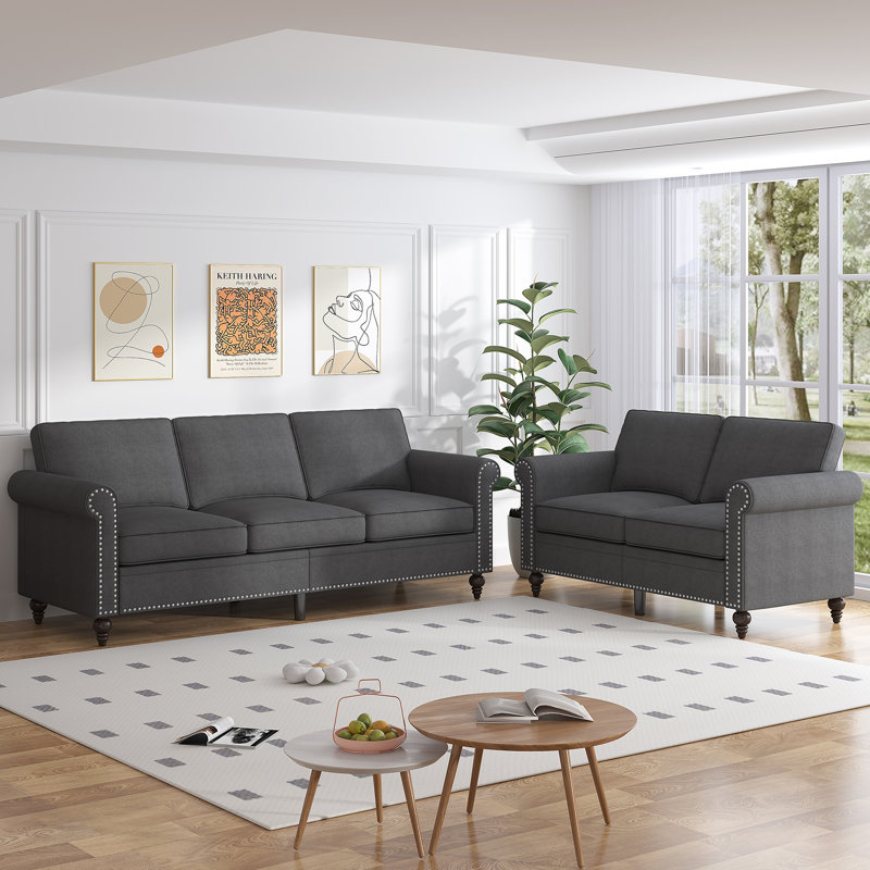 2-Piece Linen Sectional Sofa Set with Rivet Accents, Dark Gray