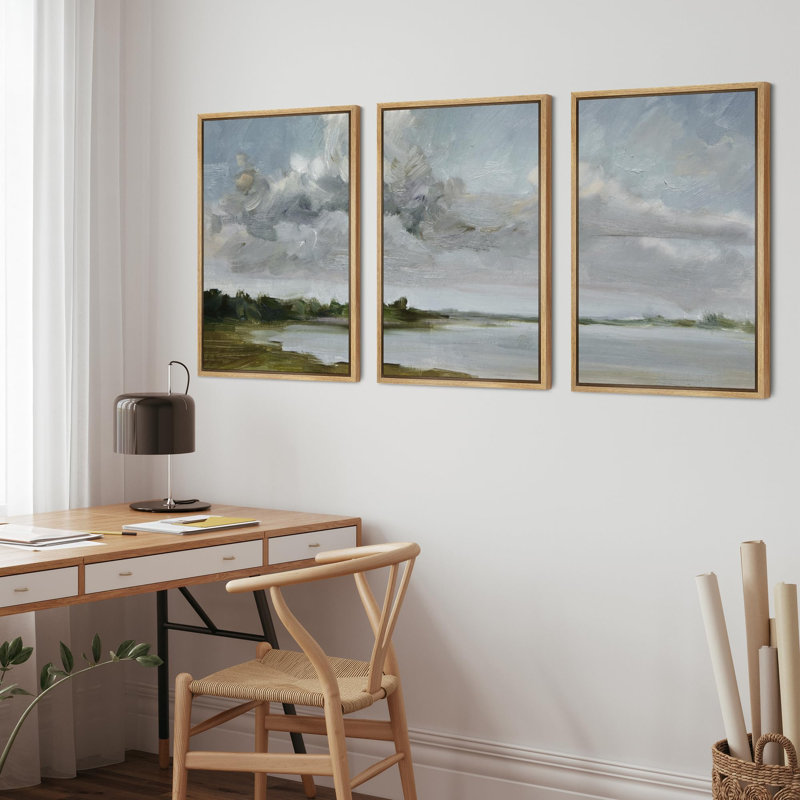 Beach And Waves " Impressionist Sky And Water Illustration Modern Art Decor Zen " 3 - Pieces, Naturel