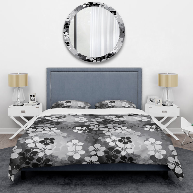 Fleurs noires et blanches - Ensemble de housse de couette floral - Polyester microfibre