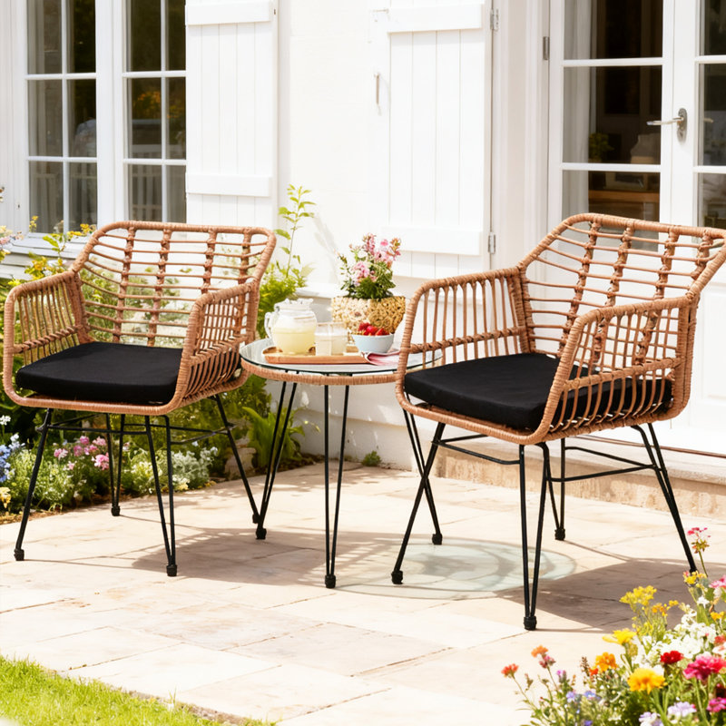 3-Piece Wicker Patio Bistro Set - 2 Rattan Chairs & Glass Top Table, Perfect for Porch, Balcony, Backyard, Apartment & Outdoor Spaces