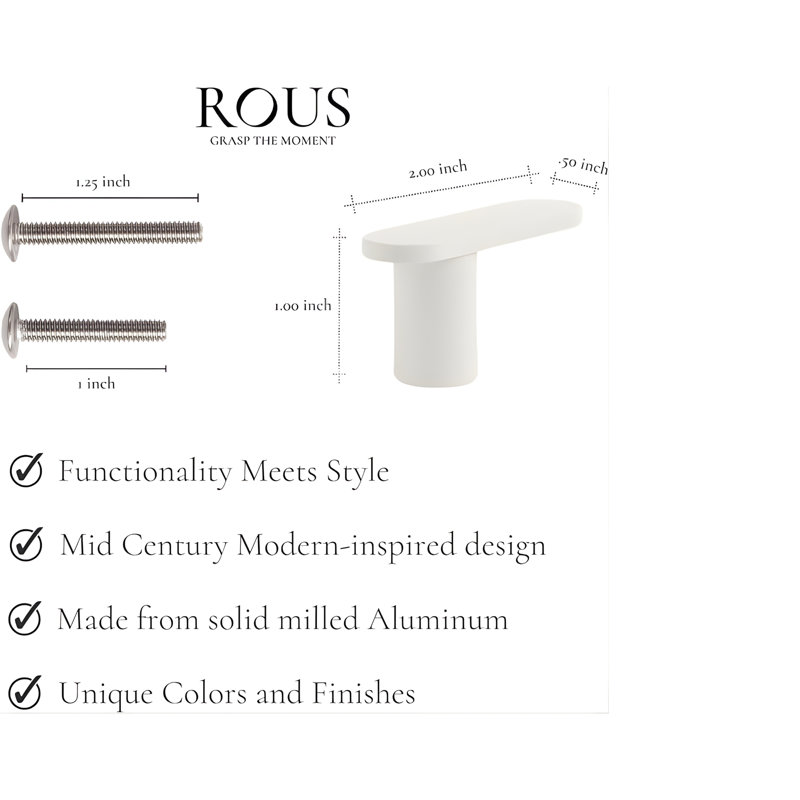 2" Bar Knob, 1", Snow (White)