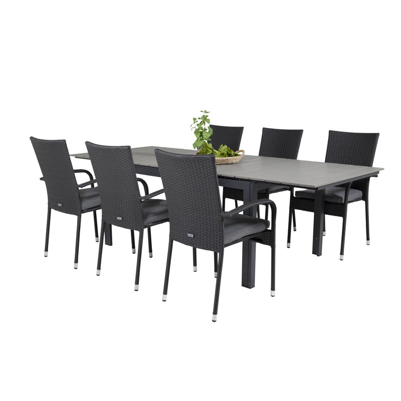 Faiyaz 6 - Person Patio Dining Set with Extendable Rectangular Table , Cushions Included, Black, 74cm H x 160cm L x 100cm W