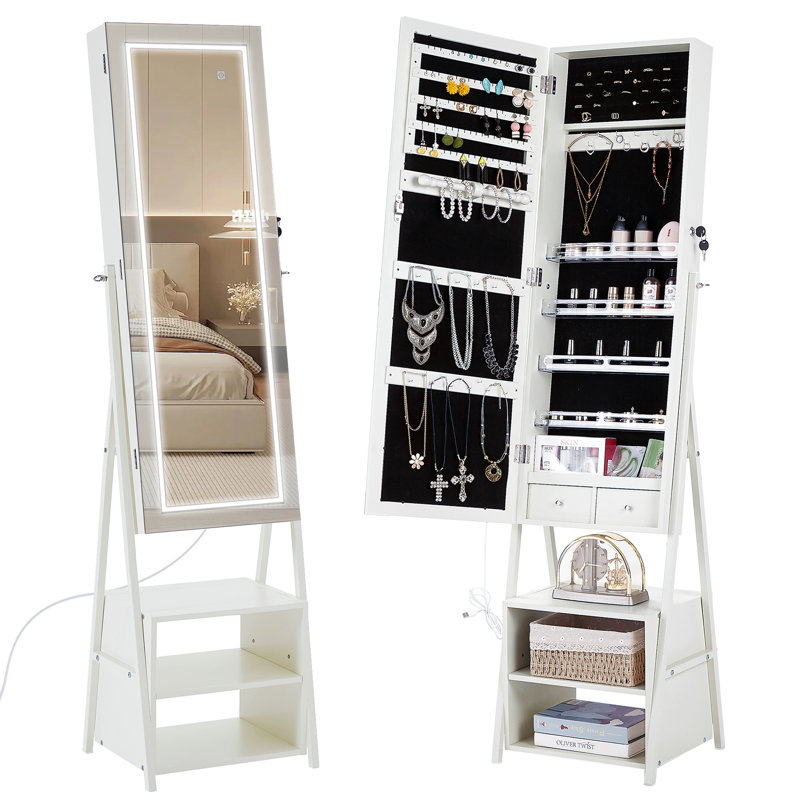 Armoire à bijoux avec miroir à DEL et armoire à bijoux verrouillable sur pied avec 2 tablettes et miroir à DEL