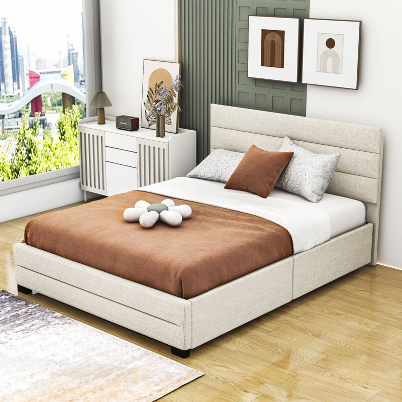 Queen Upholstered Platform Bed with Two Drawers and Twin Trundle  