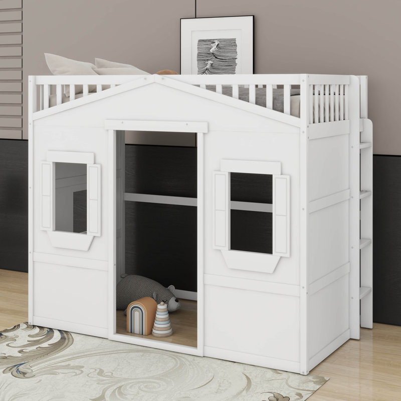 Twin House Loft Bed With Ladder, White