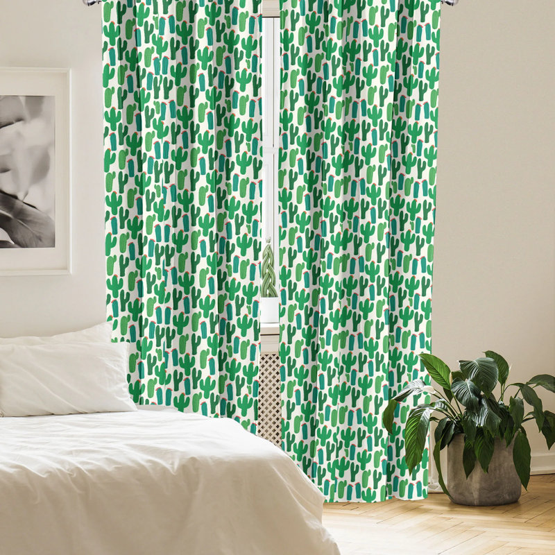 Cactus Motif Green and Red Polyester Rod Pocket Curtain Panels