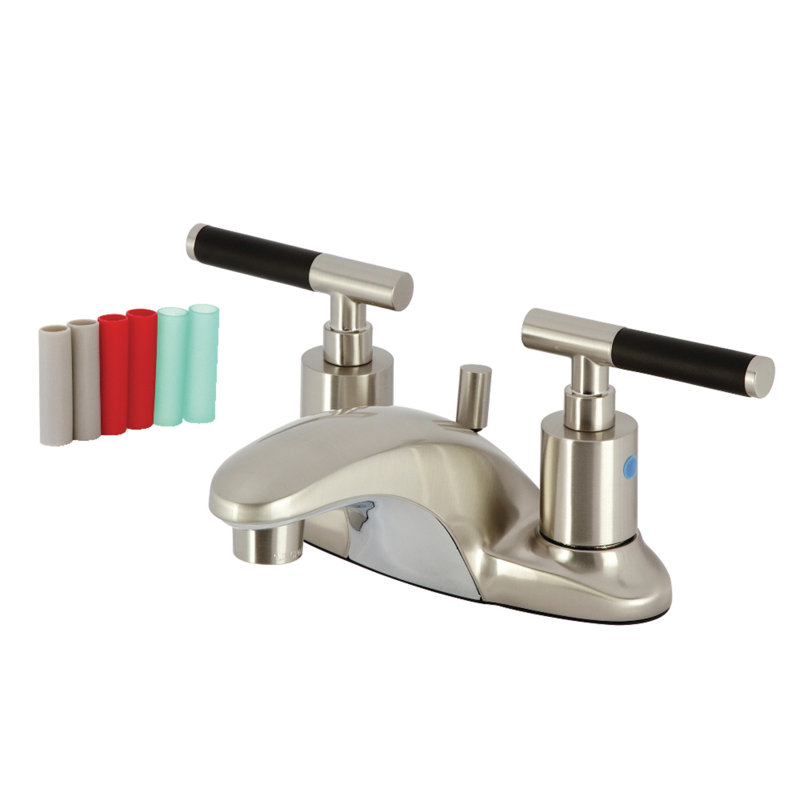 Kingston Brass Kaiser Two-Handle 3-Hole Deck Mount 4" Centerset Bathroom Faucet with Plastic Pop-Up, Brushed Nickel