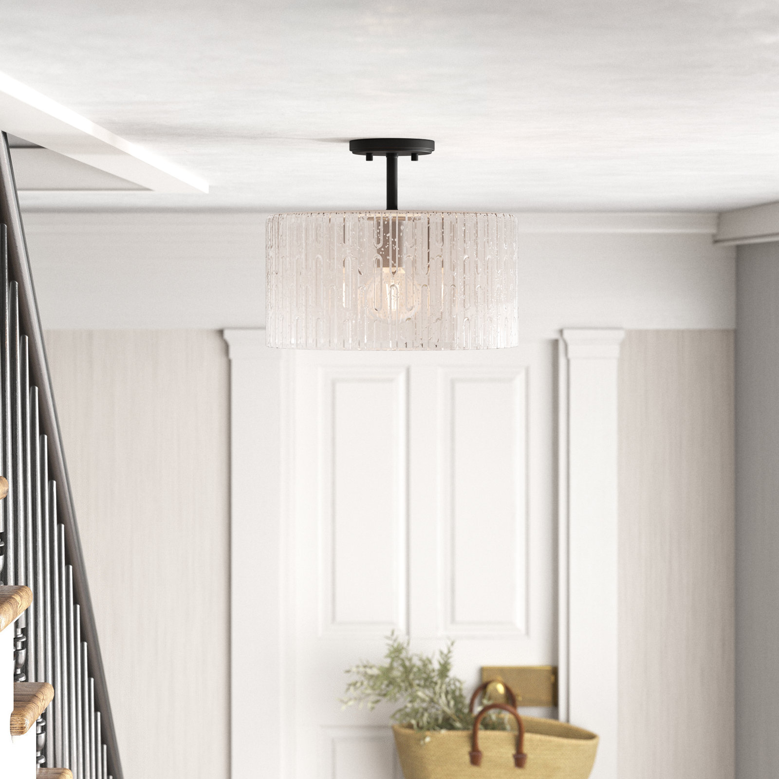 Morrone Single Light Glass Semi Flush Mount, Matte Black 