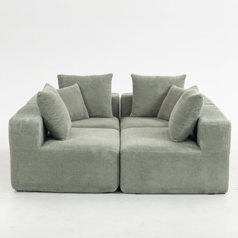 Modular Sectional For Living Room, Fullfoam Build, Textured Light Green Upholstery, Compact Compressed Package, Simple Assembly, Overall 111"X74"X24", 37" Module Sizelight Green