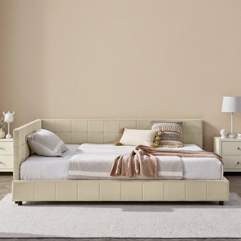 Structure de canapé-lit double capitonné en velours Mid-Century avec dossier et accoudoirs, beige (l 80,5 po x P 59 po x H 30,5 po)
