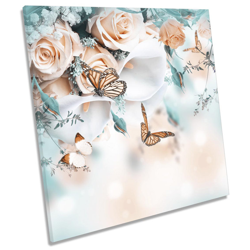 Z0440 Rose Flowers Butterflies - Wrapped Canvas Painting, 60cm H x 60cm W x 2cm D