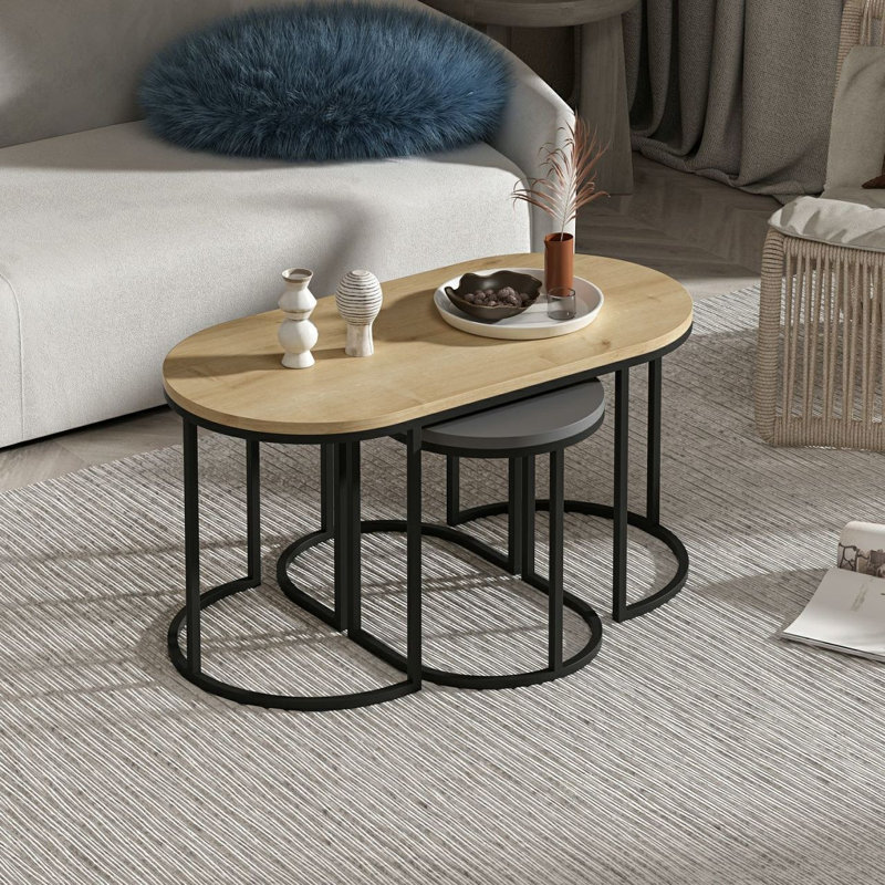 Ensemble de 3 tables gigognes modernes, chêne et anthracite, 35,4 x 17,7 x 17,7 po (1 pièce: 35,4 x 15,7 x 11,8 po) | 100% panneau de particules enduit de mélamine et structure en métal | Design industriel élégant pour la maison et le bureau